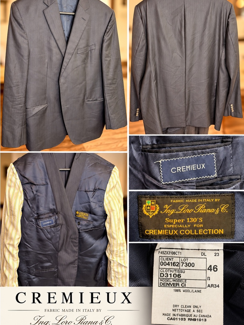Cremieux Super 130’s Wool Black Pinstripe Suit Jacket 46L Loro Piana Made Canada